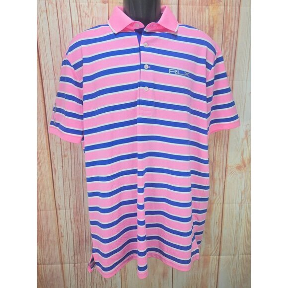 Rlx Ralph Lauren Mens Pink Striped Polo Shirt Medium - Picture 1 of 8